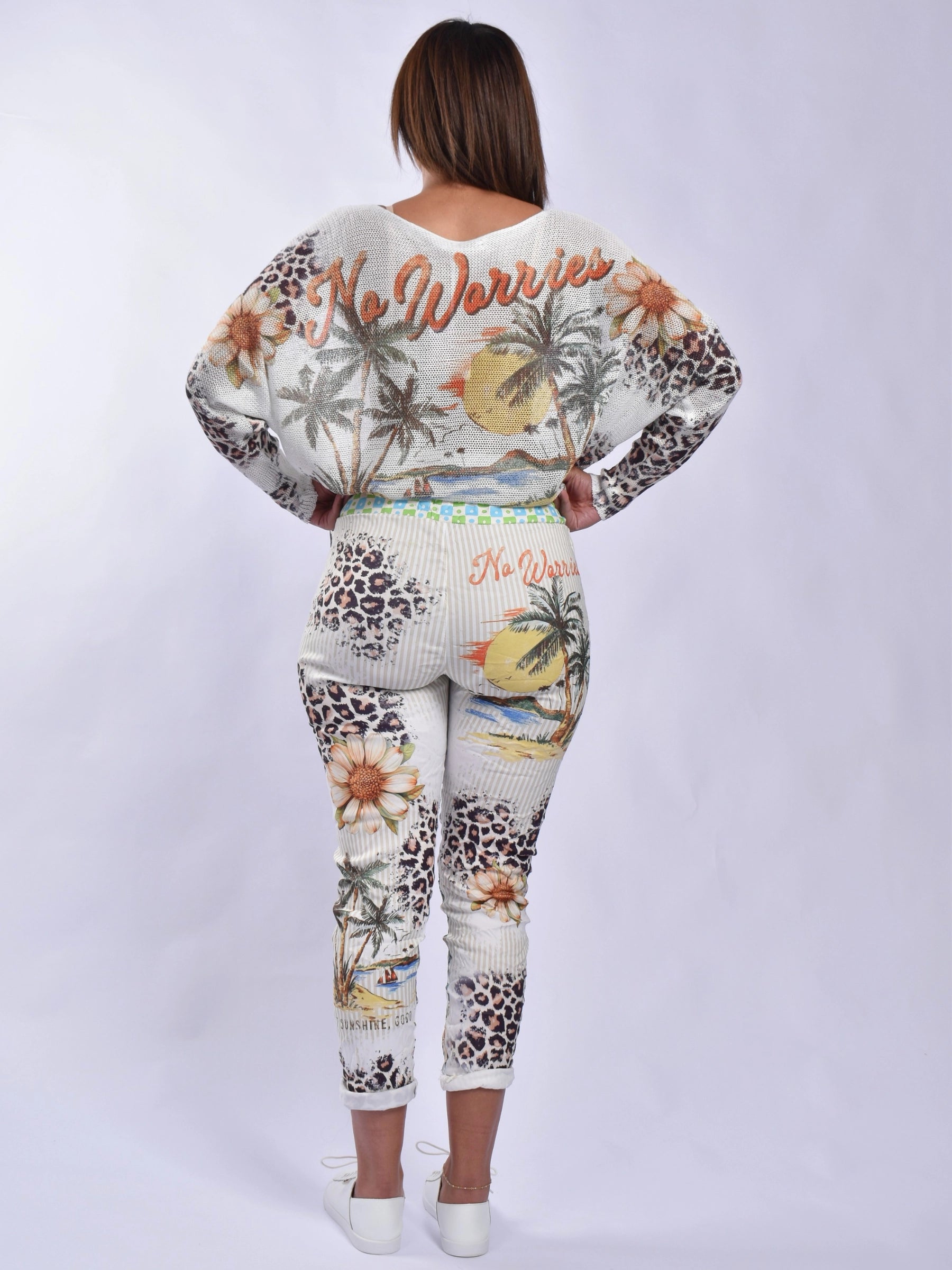 MADE IN ITALY WHITE BROWN PARROT PANTS