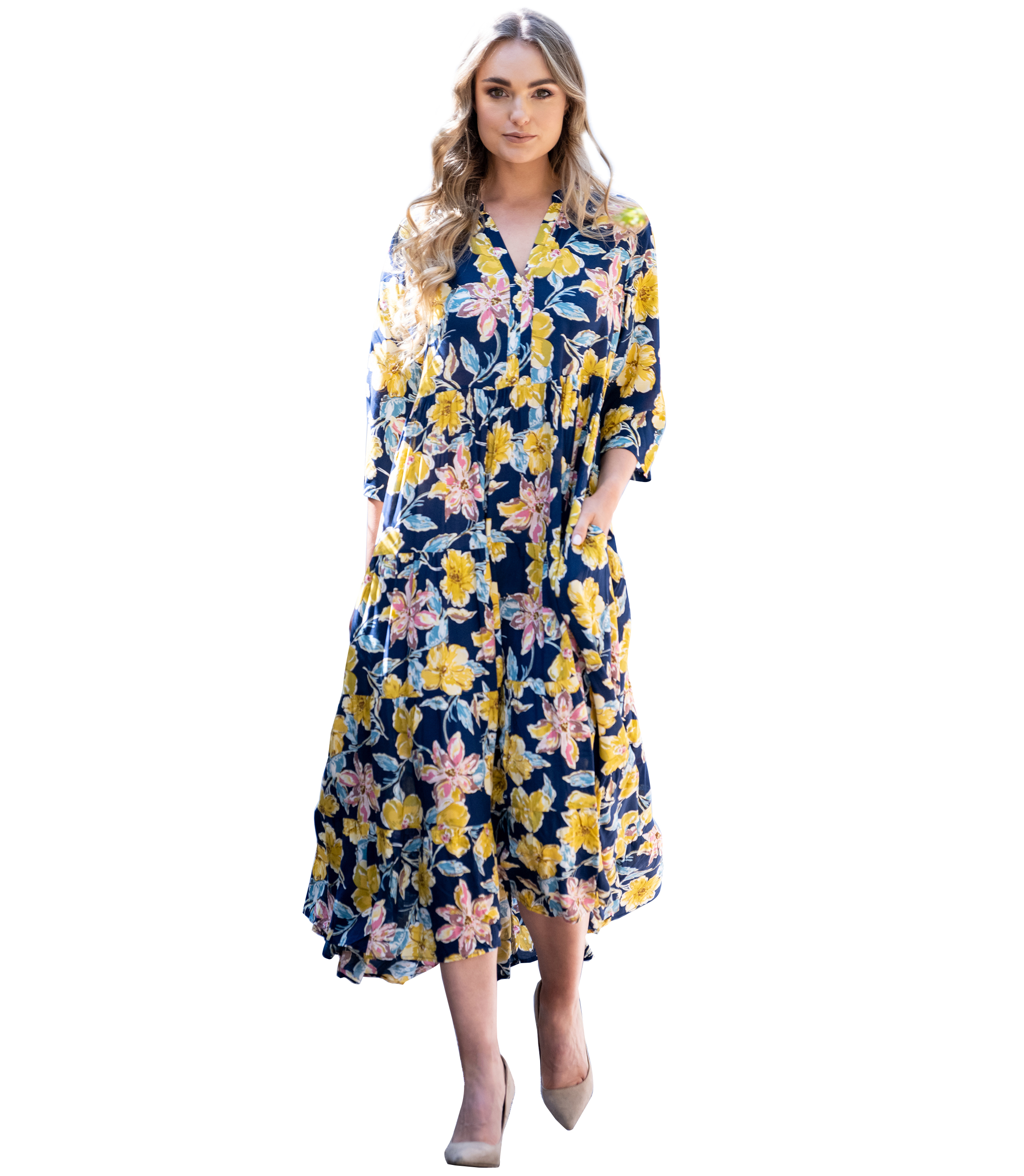 MASTIK NAVY YELLOW FLORAL DRESS Rosella Style inspired by elegance