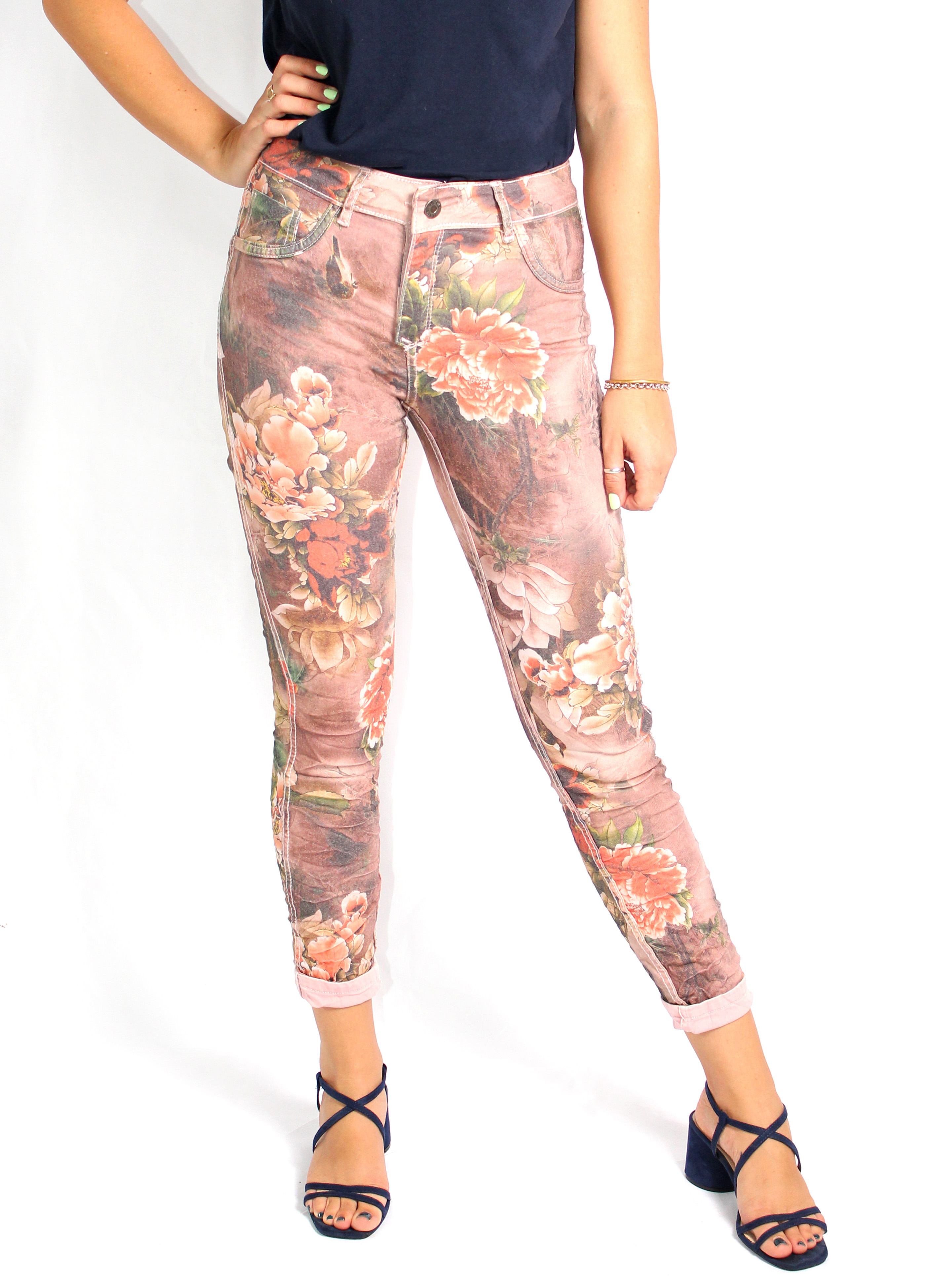 MADE IN ITALY PINK FLORAL REVERSIBLE JEANS Rosella Style inspired