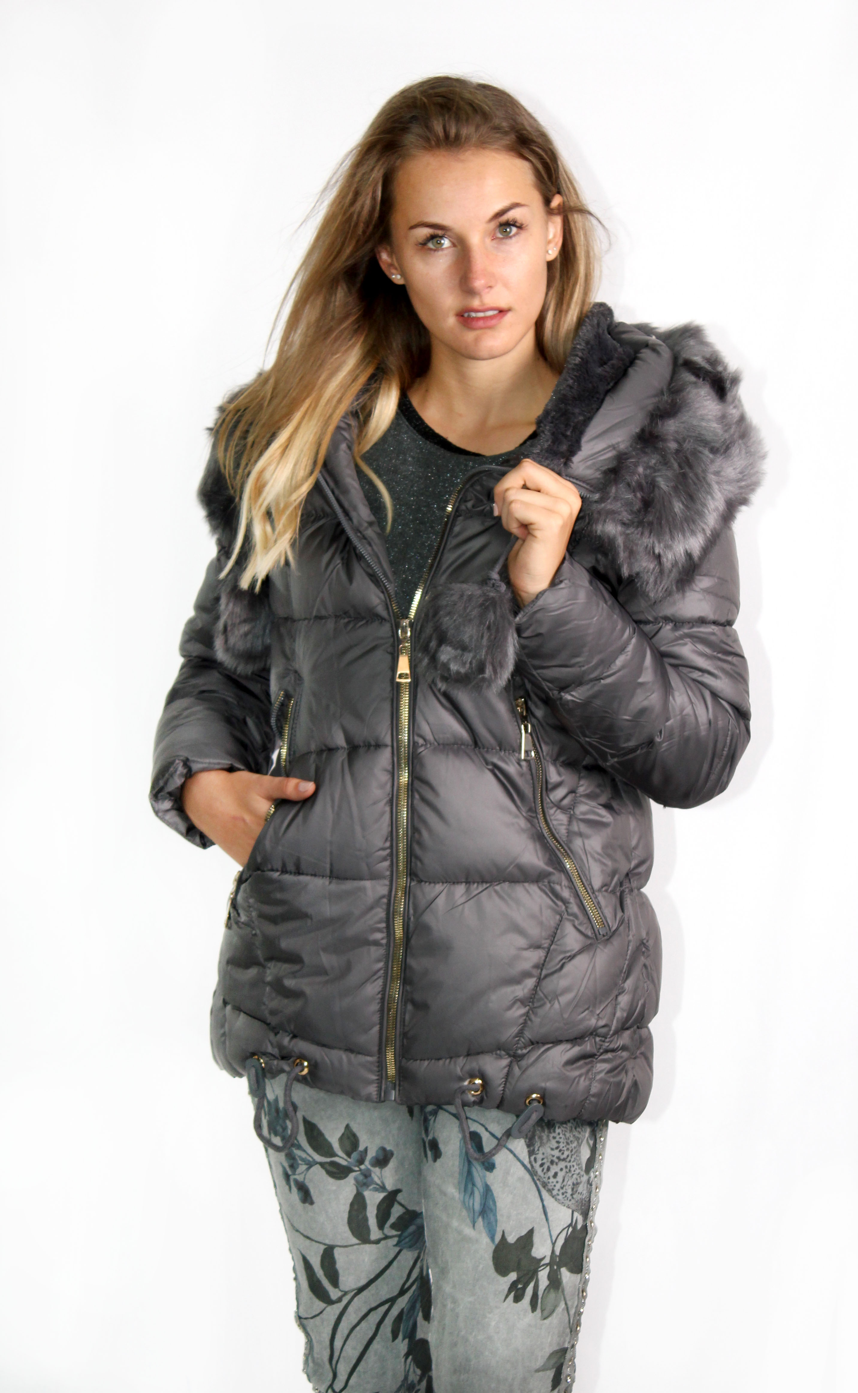 MADE IN ITALY CHARCOAL HOODED PUFFER JACKET | Rosella - Style inspired ...