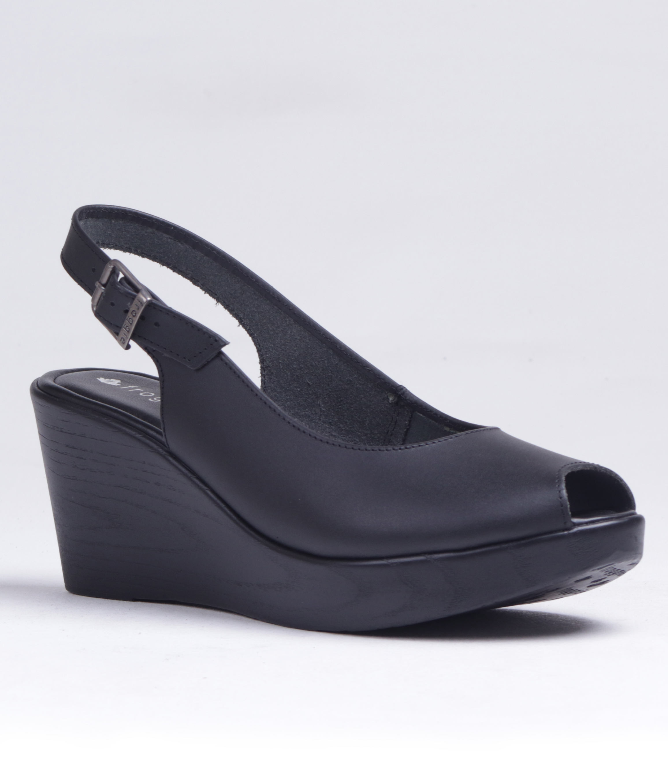FROGGIE BLACK LEATHER SLING BACK WEDGE 