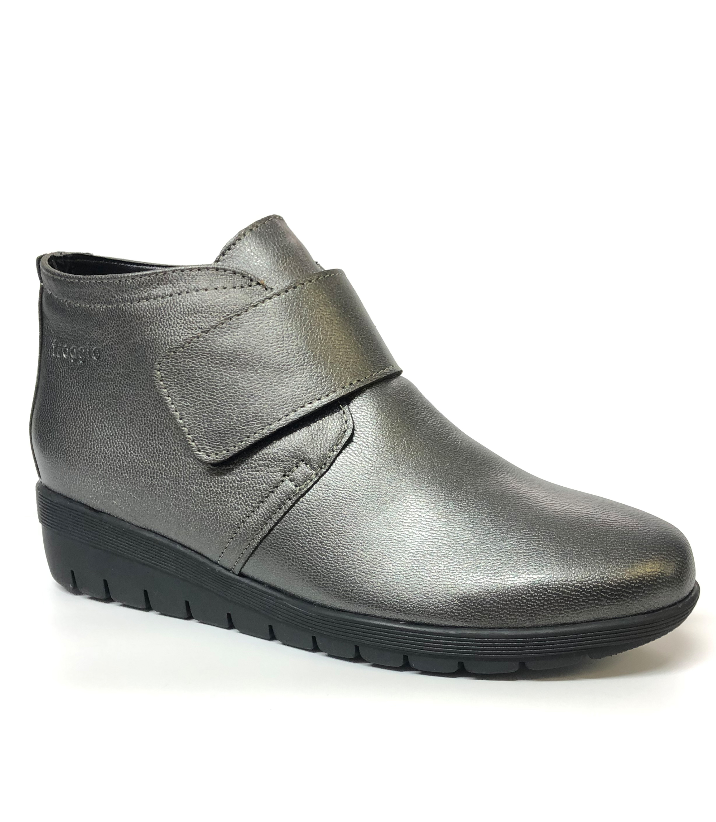 FROGGIE PEWTER LEATHER WIDER FIT ANKLE BOOT WITH VELCRO STRAP Rosella