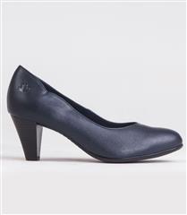 FROGGIE NAVY LEATHER WIDER FIT MID HEEL SCALLOPED COURT HEEL