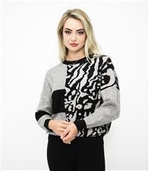 JOLIE BLACK AND GREY ANIMAL PRINTED  KNITTED SWEATER