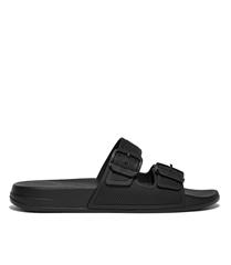 FIT FLOP ALL BLACK IQUSHION BUCKLE SLIDES 