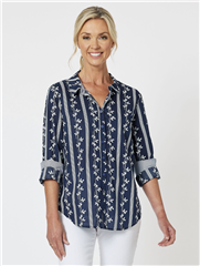 GORDON SMITH WHITE AND NAVY HARBOUR PRINT TOP