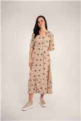 ROSELLA BEIGE WHITE FLOWER LONG DRESS 