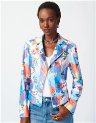 JOSEPH RIBKOFF FACE PRINT FAUX SUEDE MOTO JACKET