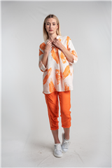 MADE IN ITALY ORANGE WHITE LEAF PRINTED LINEN TOP 