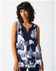 JOSEPH RIBKOFF VANILLA BLUE CITYSCAPE PRINT TOP