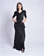 ROSELLA PRETO BLACK DRAPED METALLIC EVENING DRESS
