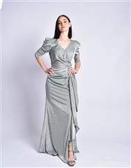 ROSELLA PRETO LIGHT GREY DRAPED METALLIC EVENING DRESS