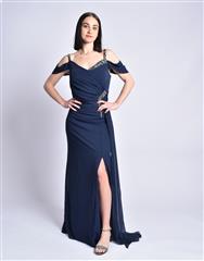 ROSELLA PRETO NAVY OFF THE SHOULDER EVENING DRESS 