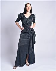 ROSELLA PRETO NAVY DRAPED METALLIC EVENING DRESS