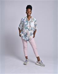 MADE IN ITALY WHITE TEAL FLORAL BLOUSE 