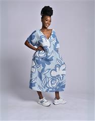 MADE IN ITALY BLUE MULTI LINEN DRESS