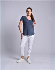MADE IN ITALY DENIM RUFFLED V-NECK TOP