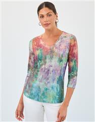 FDJ FLORAL BLUE 3/4  V-NECK TOP 